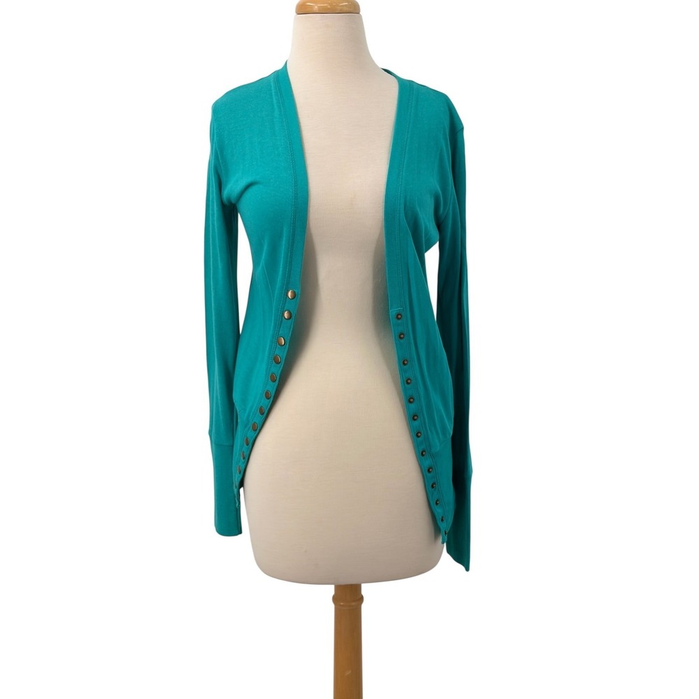 Color Story Teal Blue Open Front Cardigan Snap Button Trim Ribbed Cuffs Size M